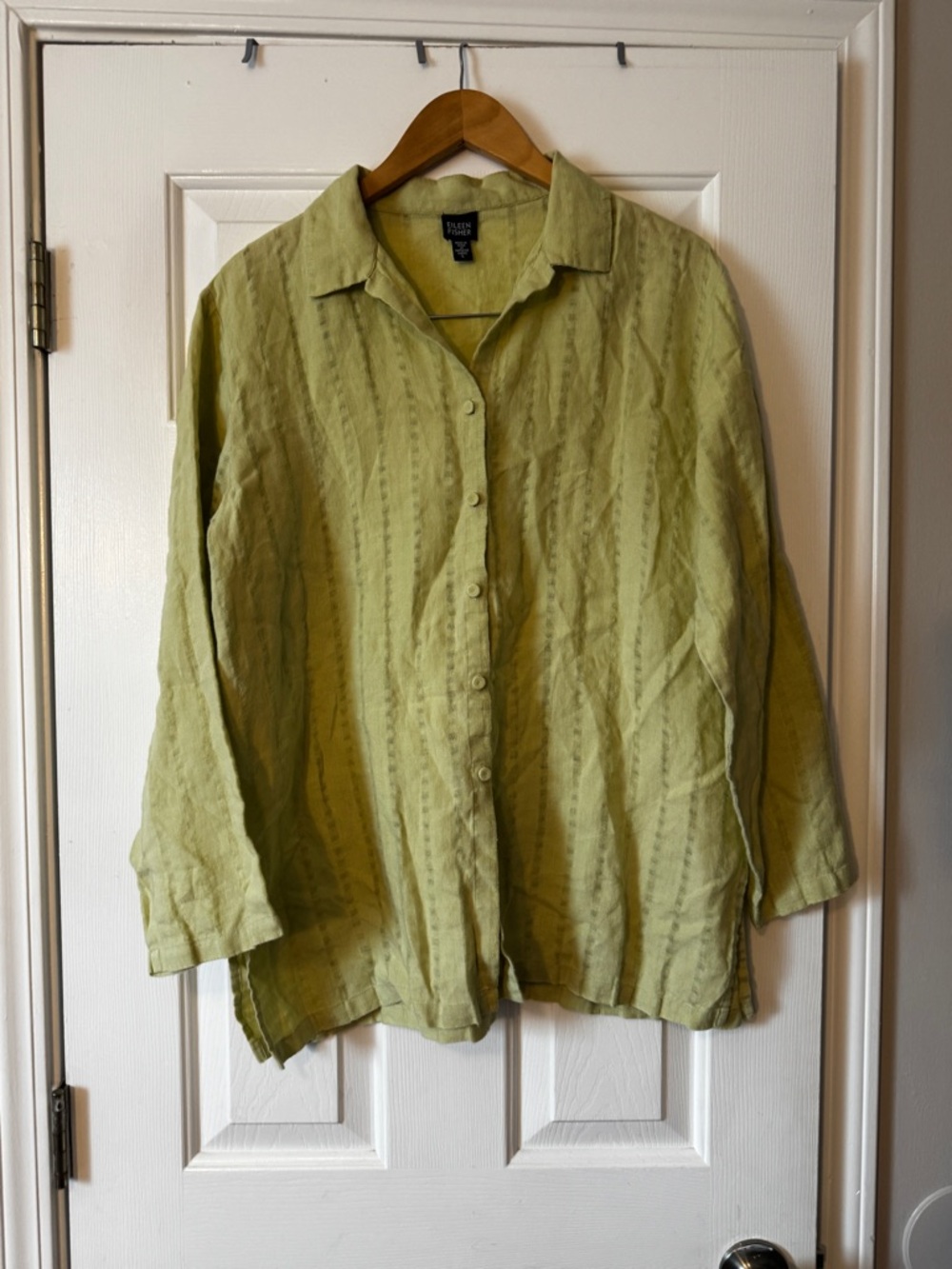 Eileen Fisher Green 100% Irish Linen Long Sleeve Button Down Shirt